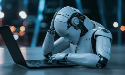 robot frustrated in front of laptop