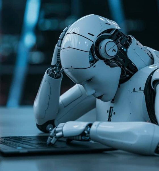 robot frustrated in front of laptop
