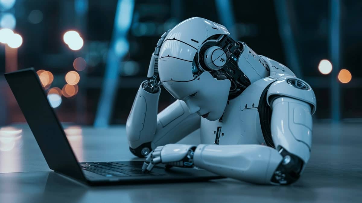 robot frustrated in front of laptop