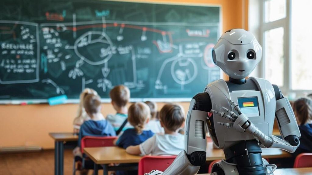 robot in classroom full of kids