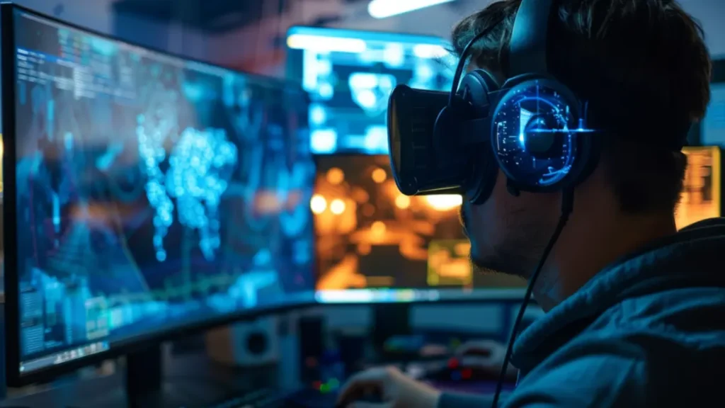 person using vr headset on desktop pc