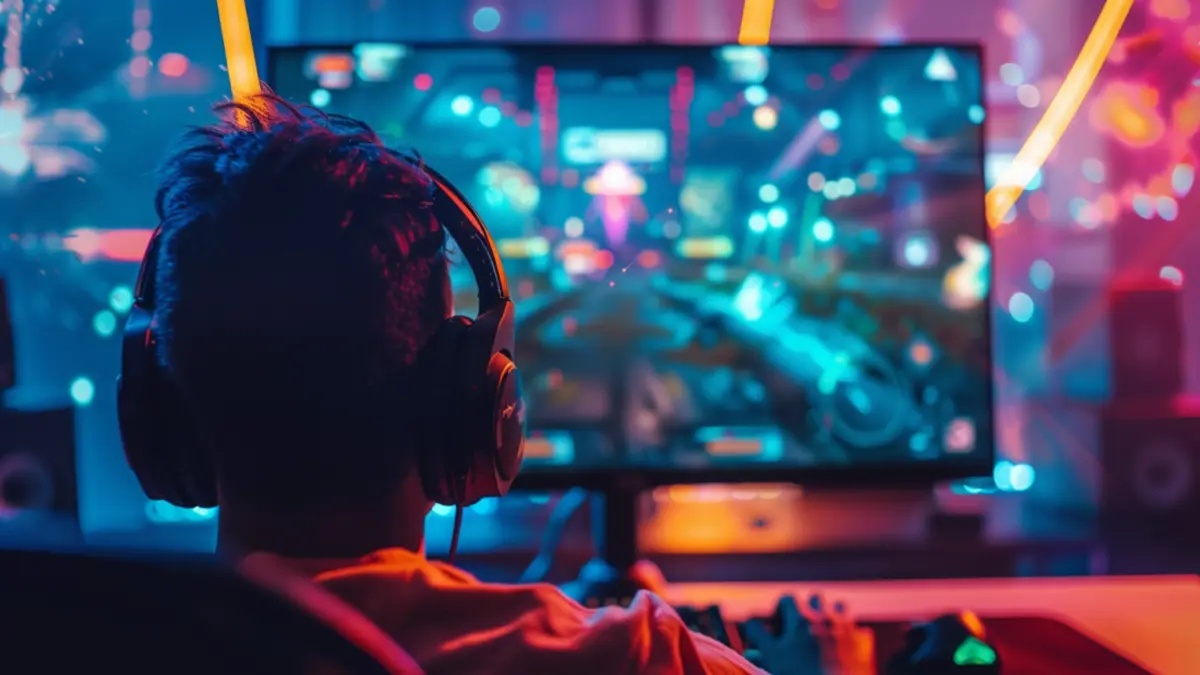 teen playing a game on pc