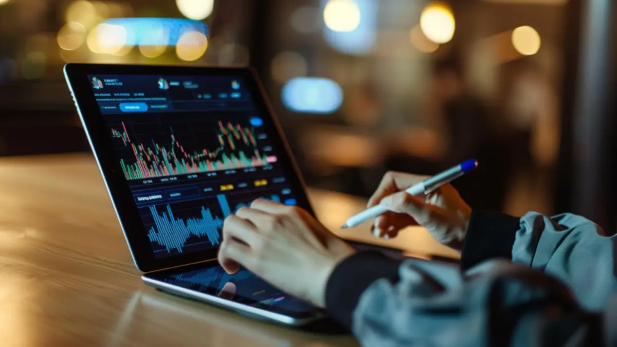 person analyzing stocks on tablet