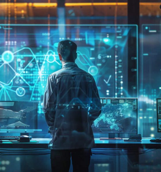 man looking at holographic screens
