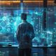 man looking at holographic screens