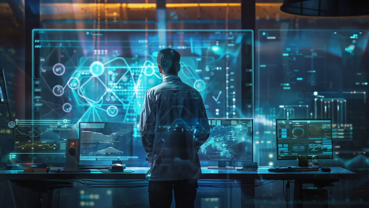 man looking at holographic screens