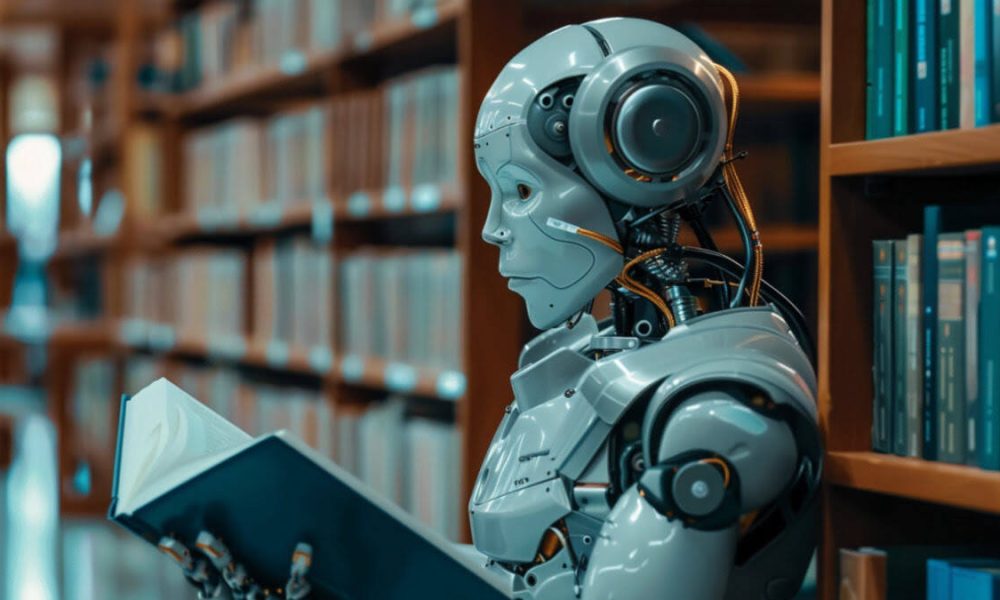 ai reading a book at the library