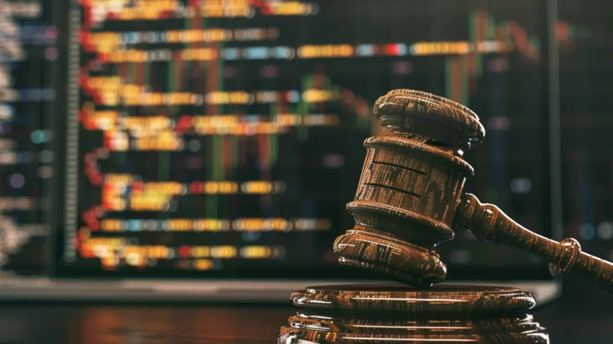 judge gavel in front of screen