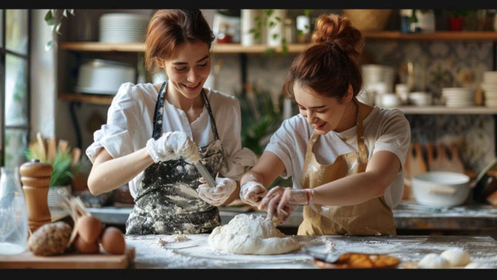 two woman preparing dough together