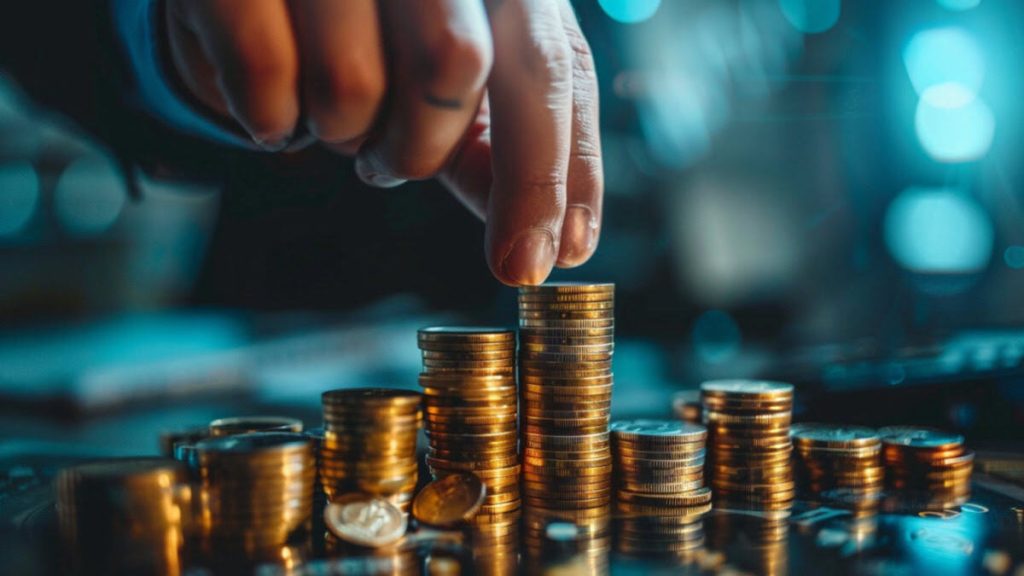 human hand picking up gold coins