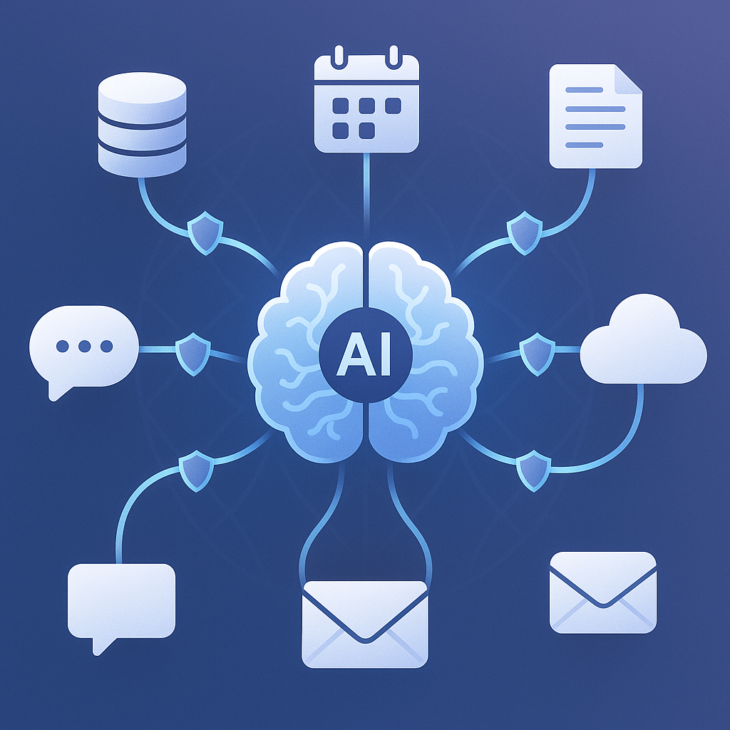 AI neural network connected to various digital tools and services through glowing bridges, representing Model Context Protocol connections with security overlays