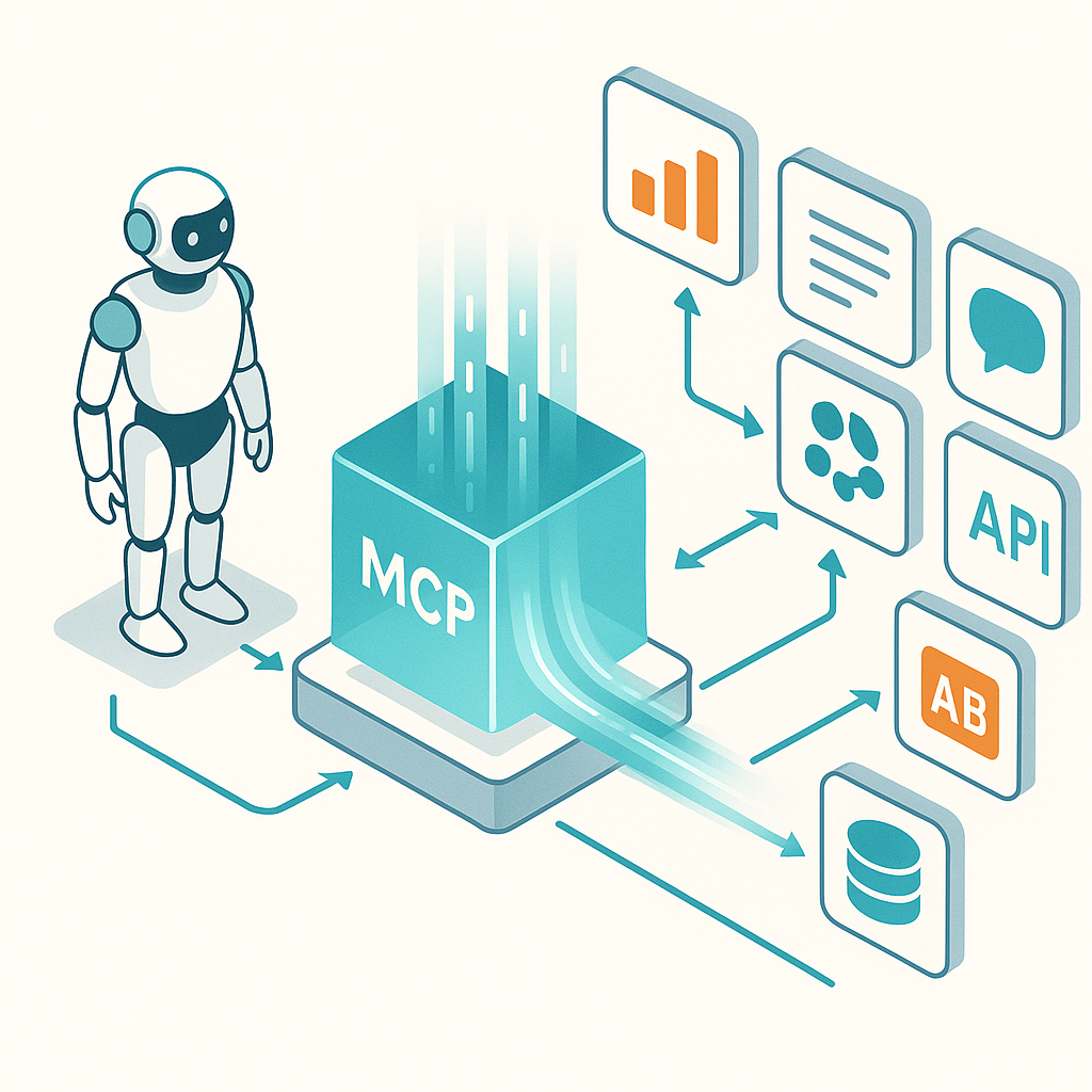 Isometric 3D illustration of MCP architecture showing AI assistant connected through a central MCP hub to various applications, databases, and APIs with bidirectional data flows