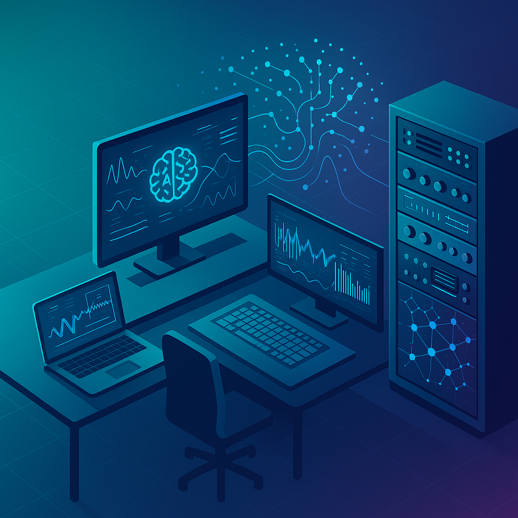 Hybrid studio setup showing AI and traditional equipment integration