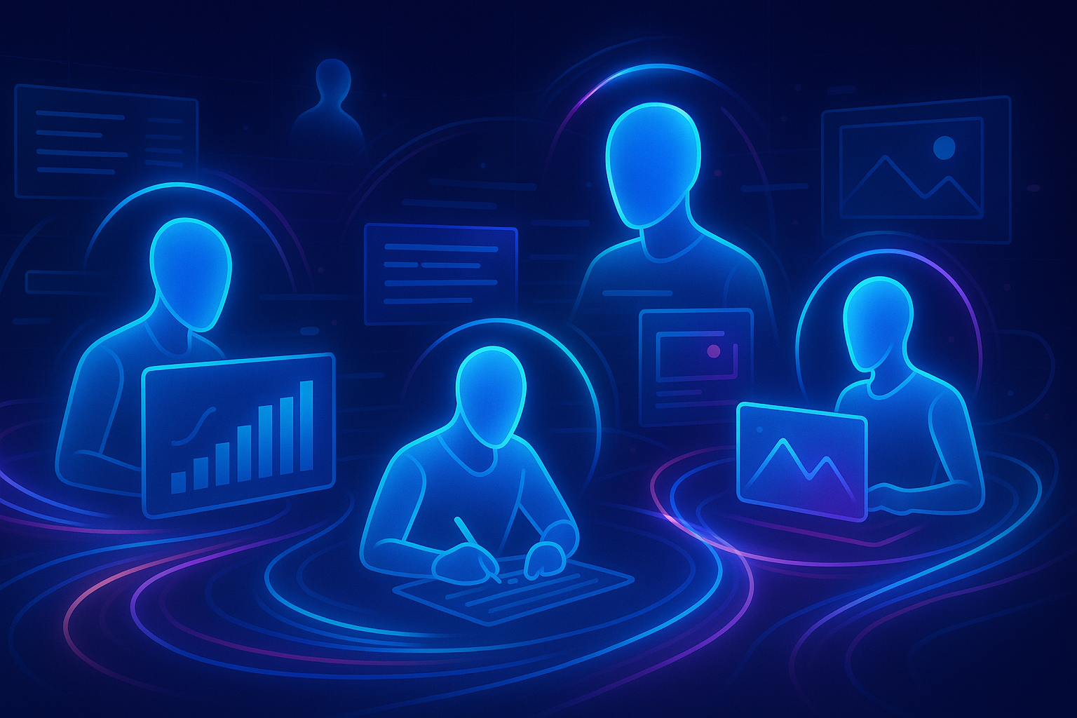 Isometric illustration of multiple robot agents working on different stages of content creation workflow